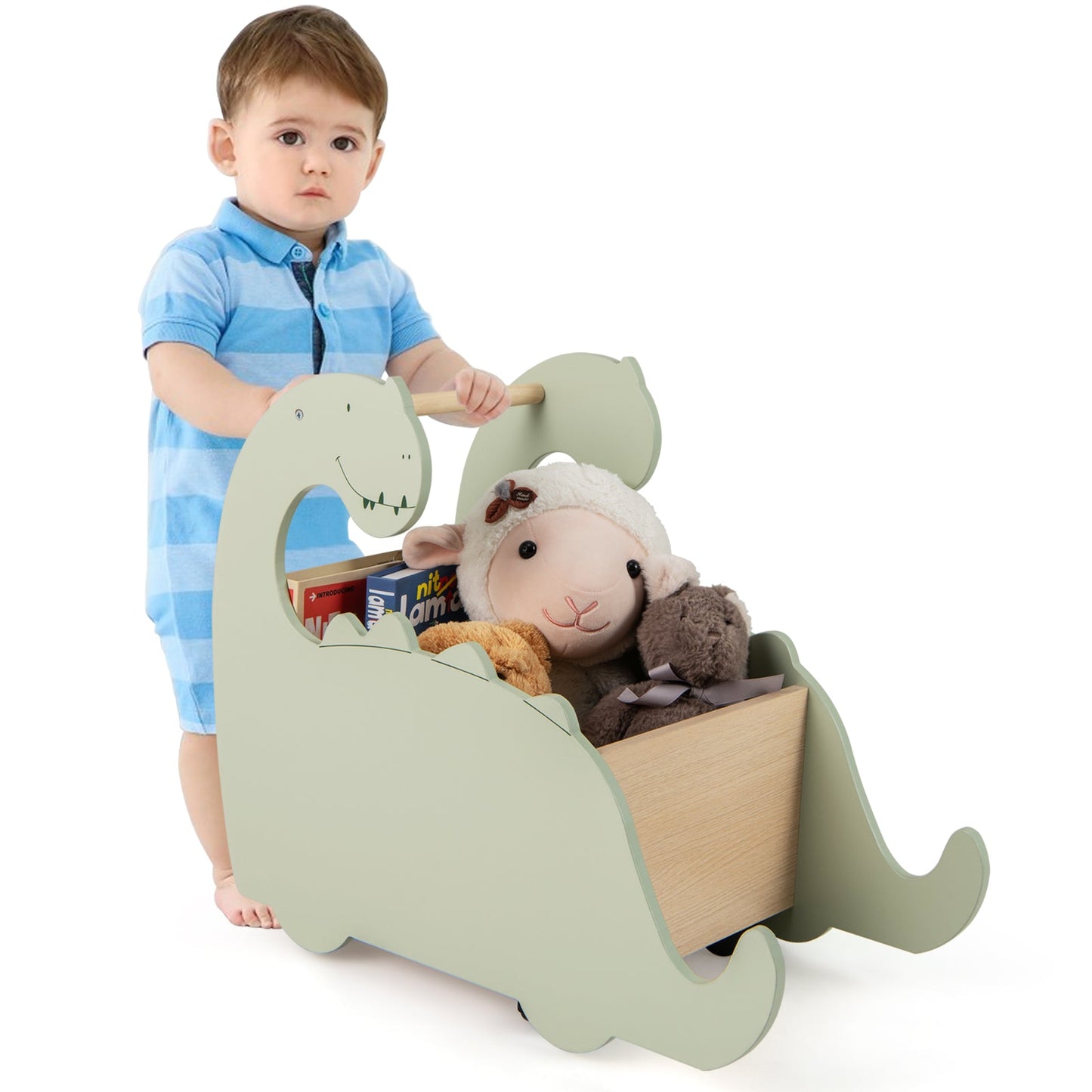 2 in 1 Wooden Baby Push Walker Toddler Shopping Cart with Pine Wood Handle-Green