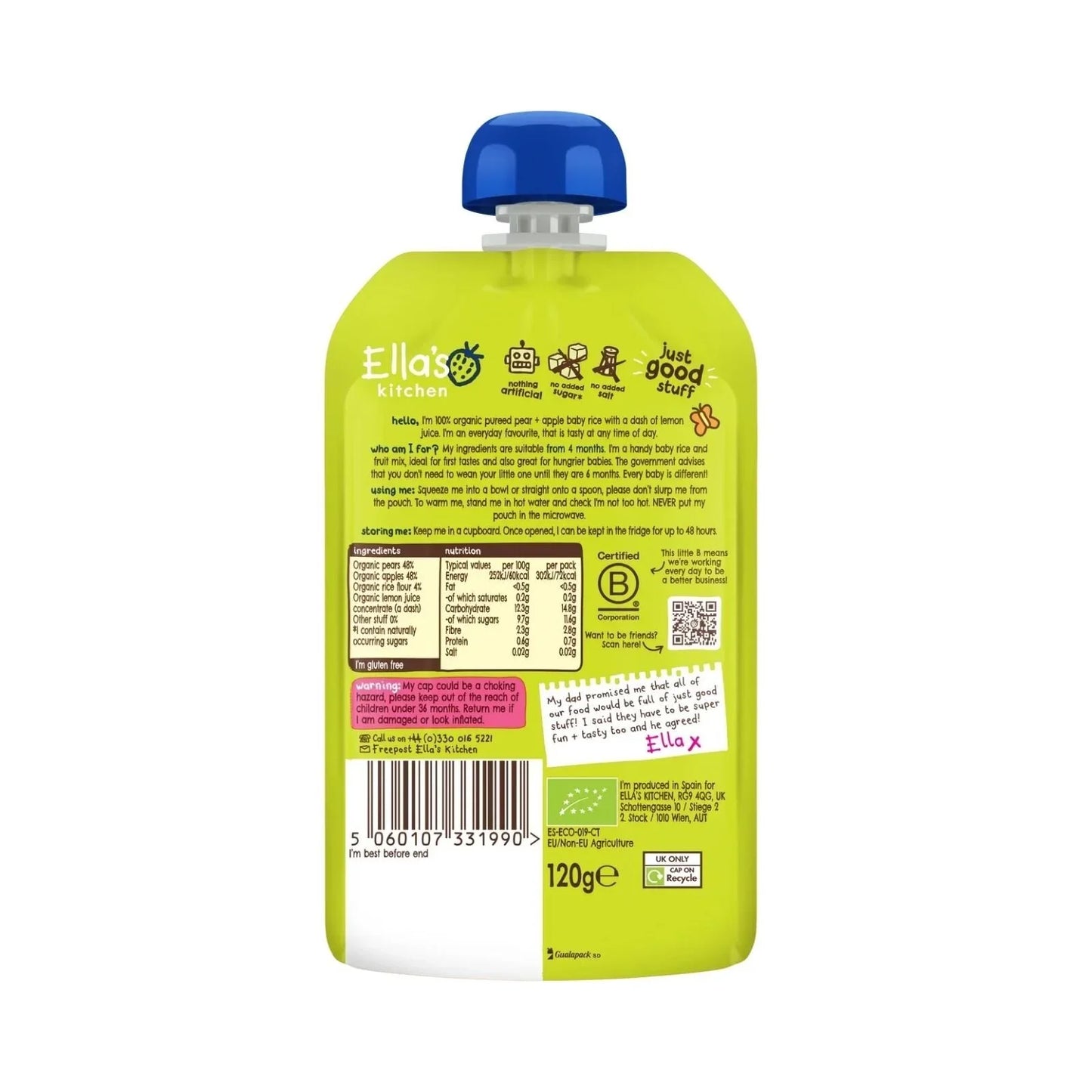 Riz pour bébé bio poire et pomme Ella's Kitchen en sachet (4 mois et plus, 120 g)