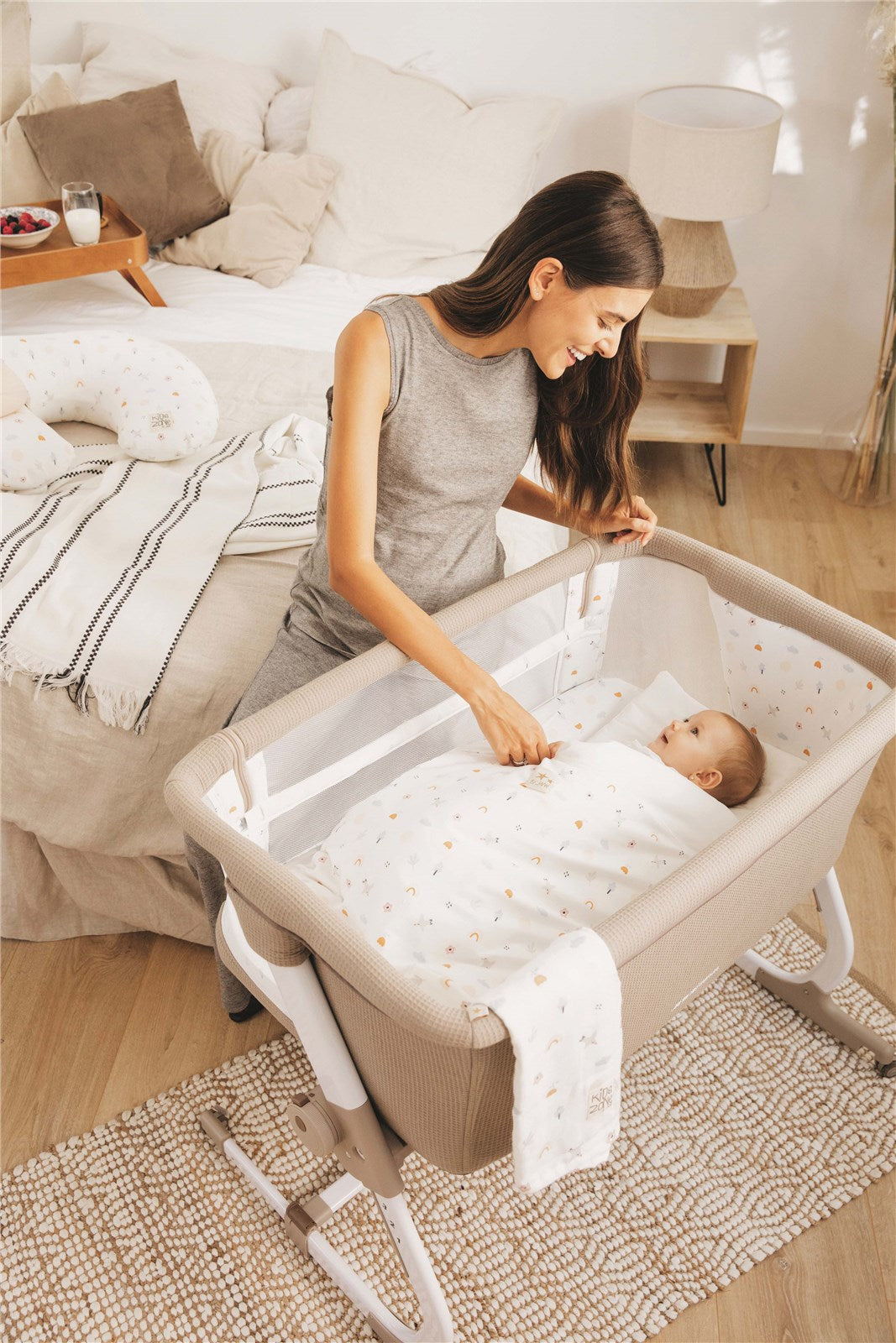 Jane Baby Side Crib + 4 Piece Bedding Set & Safety Mattress, Nature Edition