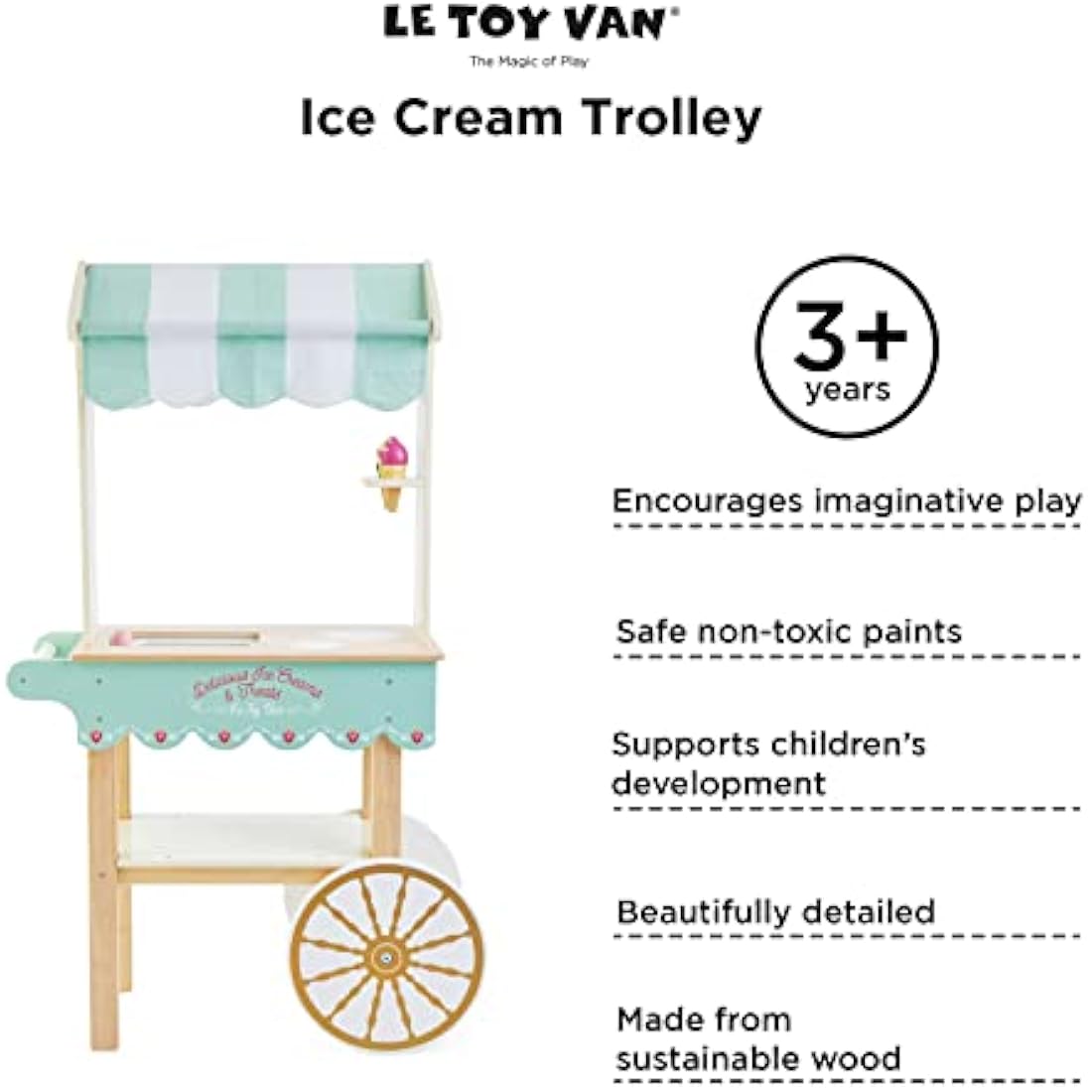 Le Toy Van - Educational Wooden Toy Role Play Ice Cream Trolley | Boys & Girls Pretend Play Toy Food Playset - For Ages 3+