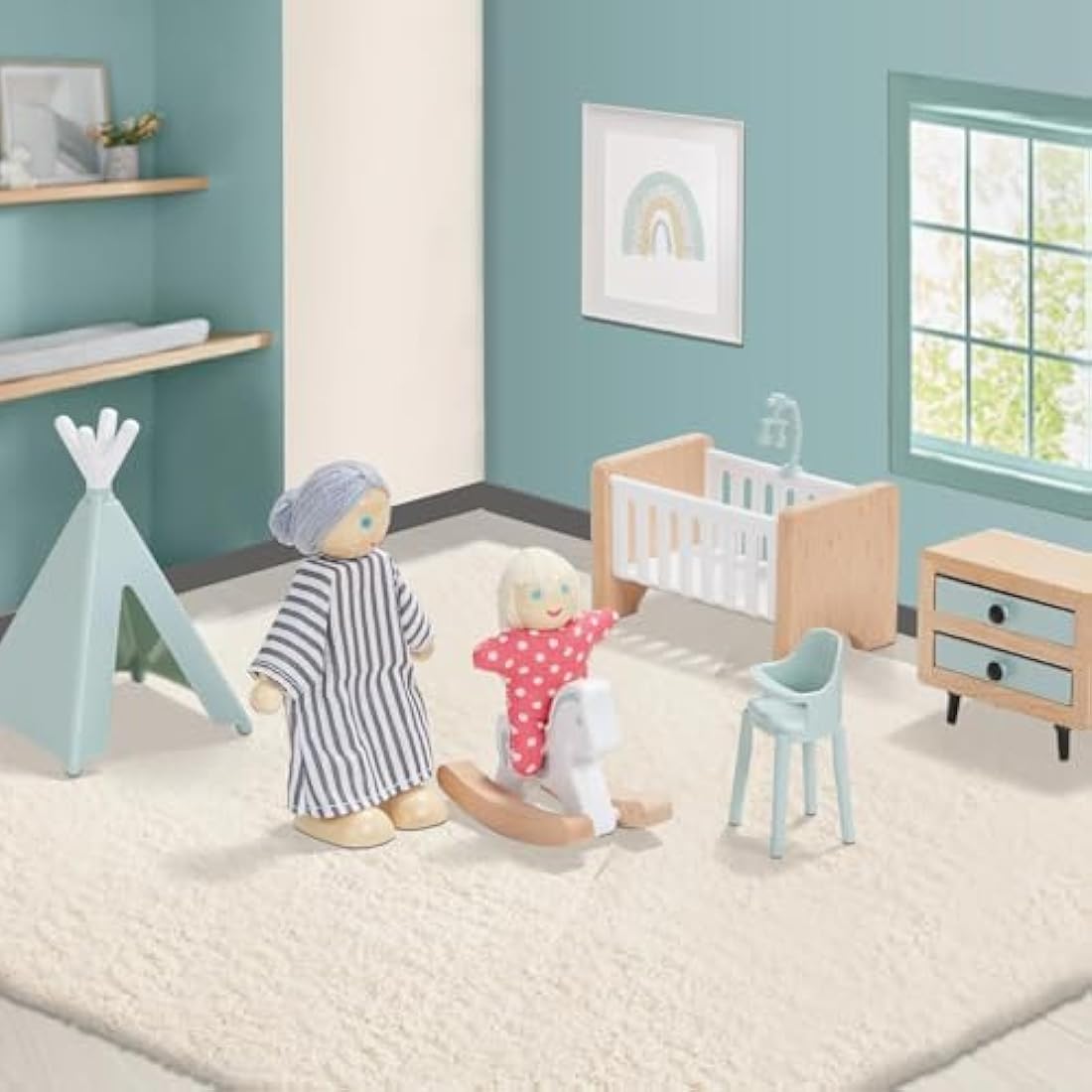 Giant bean Wooden Dollhouse Furniture Set, 36pcs Furnitures with 4 Family Dolls, Dollhouse Accessories Pretend Play Furniture Toys for Boys Girls & Toddlers 3Y+