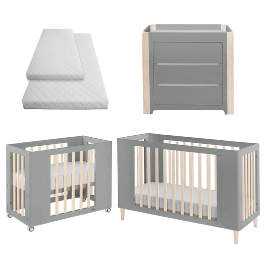 Cocoon Evoke 4-in-1 Cotbed + Change Area Dresser + Mattresses, Dove Grey / Natural Wash