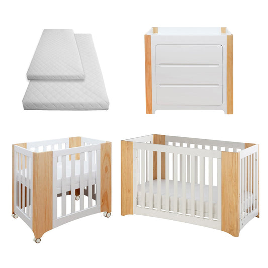 Cocoon Evoluer 4-in-1 Cotbed + Change Area Dresser + Mattresses, White / Natural