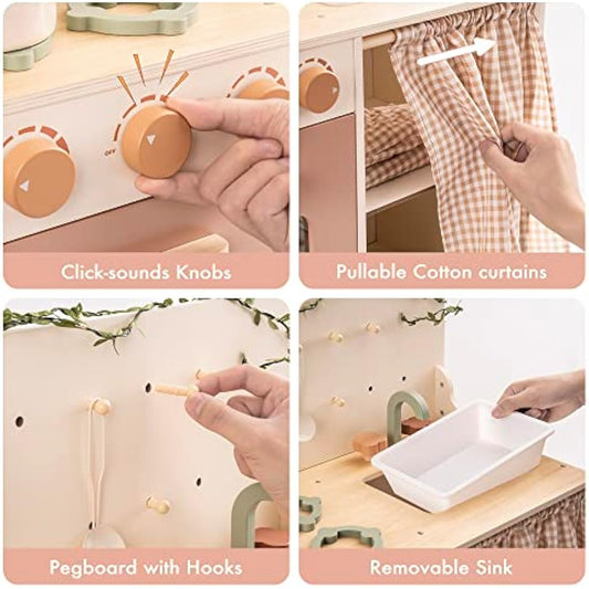 ROBUD Play Kitchen Children's Toy, Wooden Toy Kitchen with Accessories, Gift for Girls Children