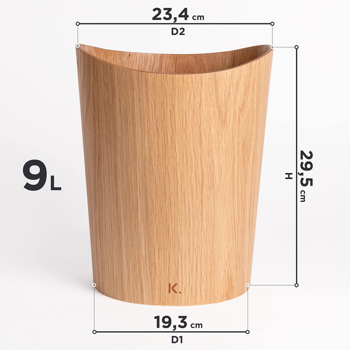 Kazai. Real Wood Waste Paper Bin Brje | Wooden Paper Basket for Office, Kids' Room, Bedroom and more | 9 liters | Oak