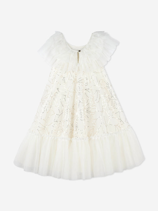 Billieblush Girls Sequin Flower Tulle Dress in Ivory