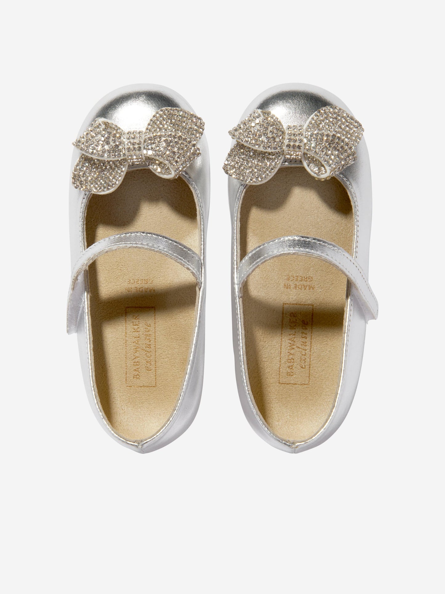 BABYWALKER Girls Leather Crystal Bow Ballerinas in Silver