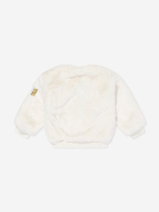 Escada Girls Embroidered Logo Faux Fur Jacket in Ivory