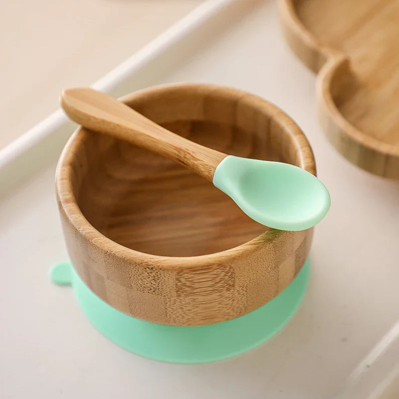 BOOMET Wooden Baby Bowl Set – Suction Plate with Fork & Spoon