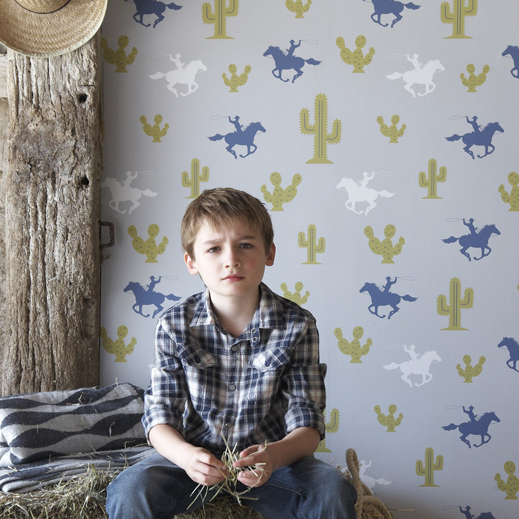 Hibou Design Cactus Cowboy Wallpaper - Grey/Blue/Green