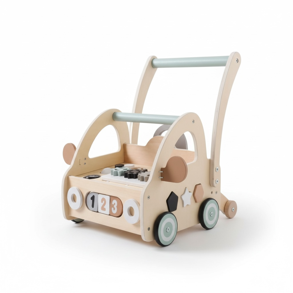 Wooden Baby Activity Walker – Neutral Push Walker with Shape Sorter & Play Features