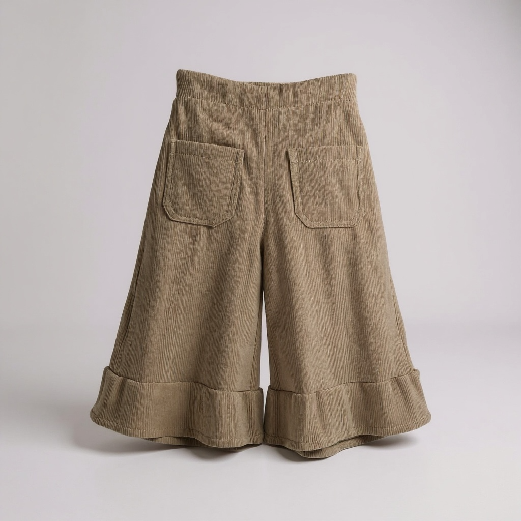 Taupe Cotton Corduroy Ruffle Hem Trousers