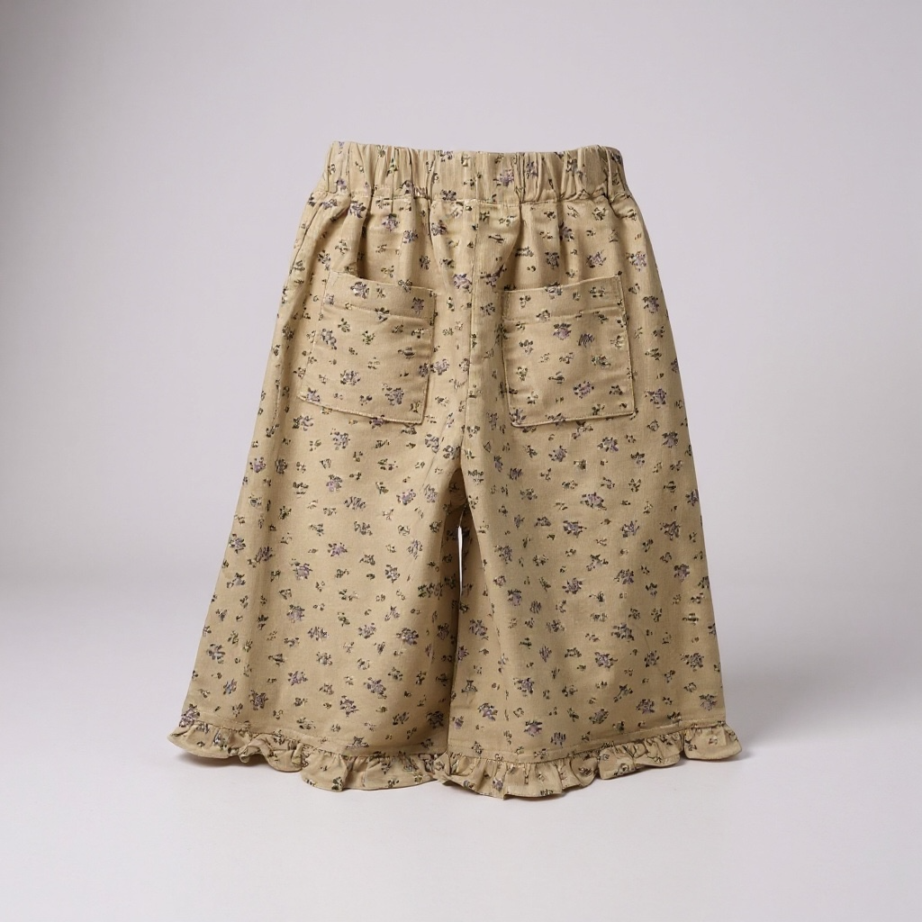 Beige Floral Corduroy Ruffle Hem Trousers