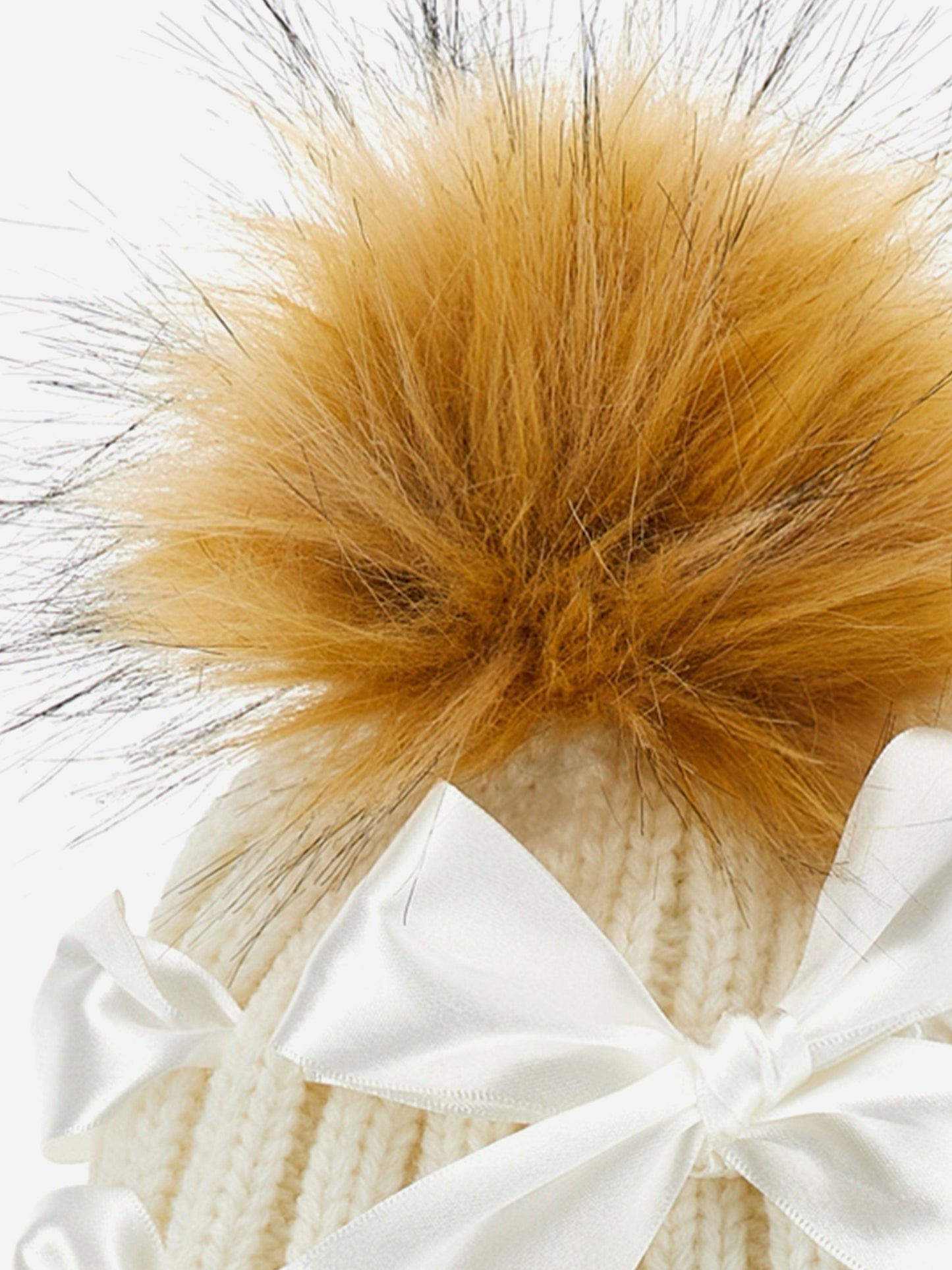 Monnalisa Girls Bow Knitted Pom Pom Hat in Ivory