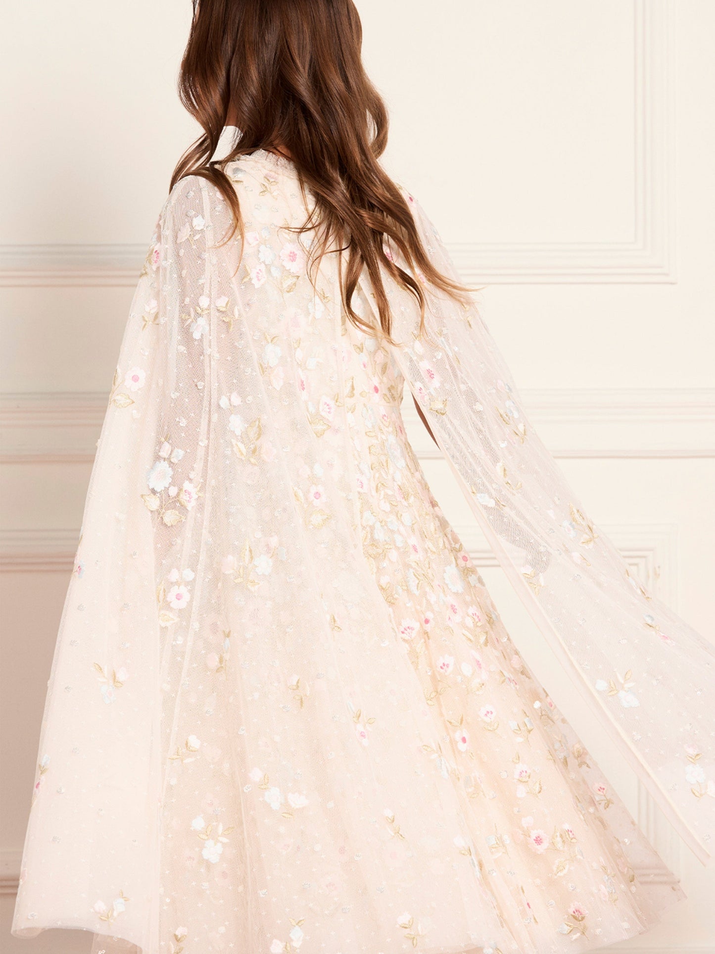 Needle & Thread Girls Ethereal Blooms Cape Dress in Ivory