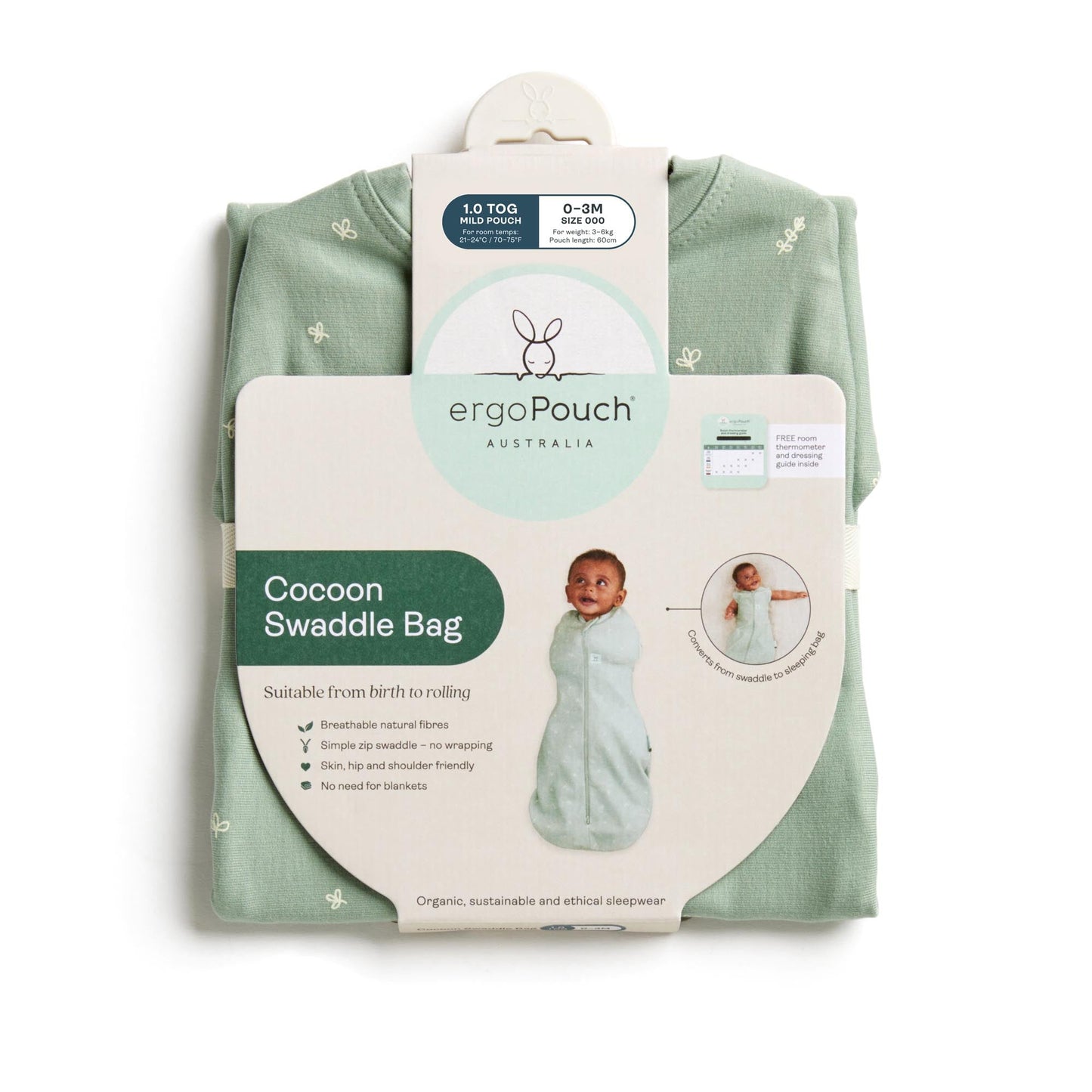 ergoPouch - Organic All Year Cocoon Swaddle Sleeping Bag - Sage 1.0 TOG
