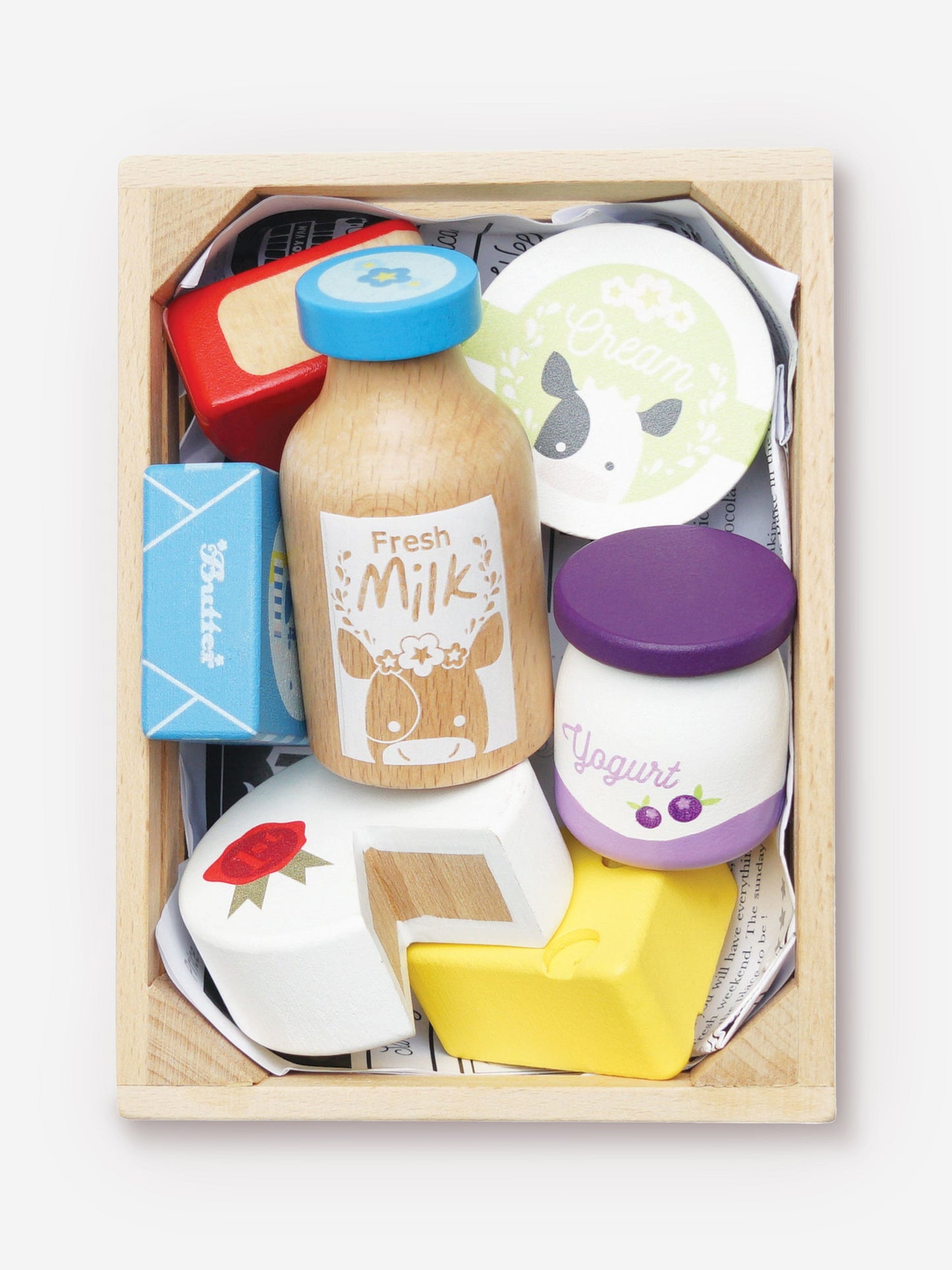 Le Toy Van Cheese & Dairy Wooden Market Crate-8 Piece (W:16cm D:11.8cm H:6cm)