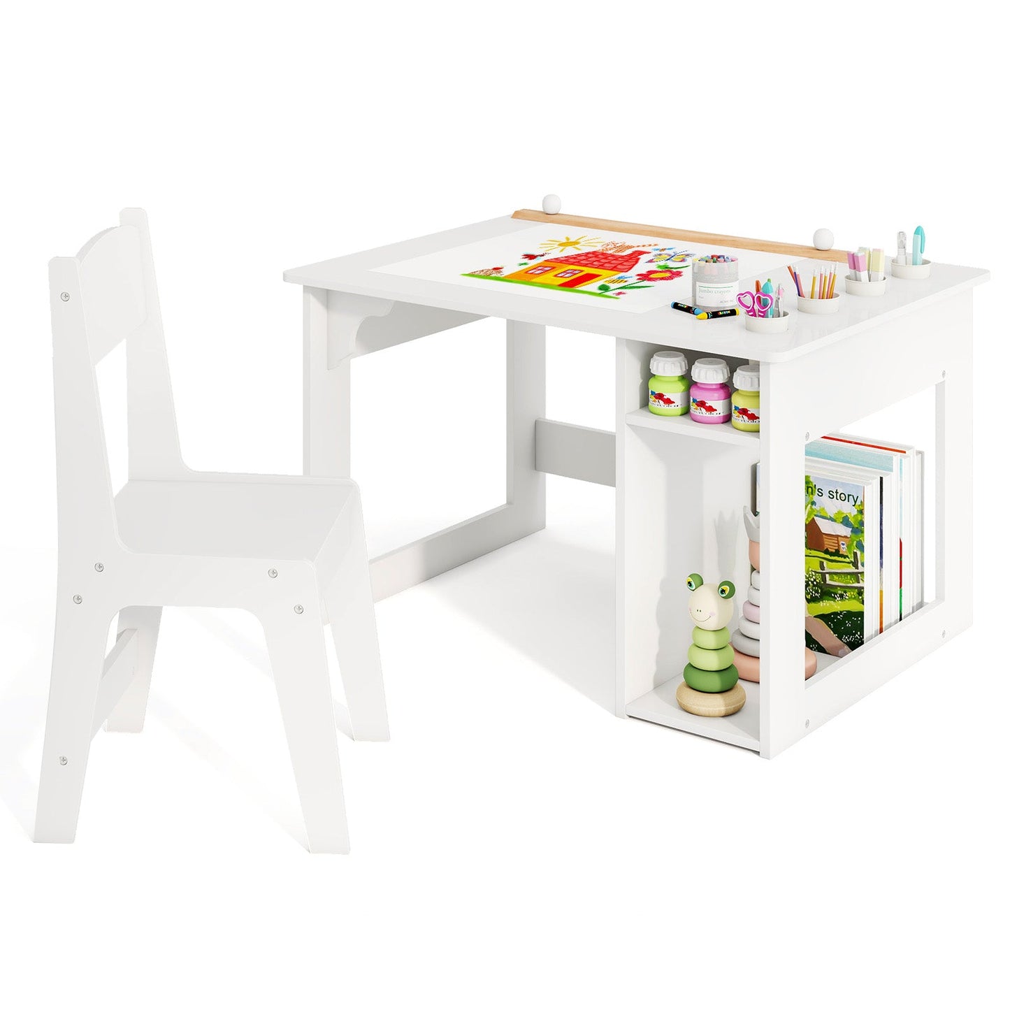 Toddler Craft Play Study Drawing Desk with Paper Roll 4 Paint Cups-White