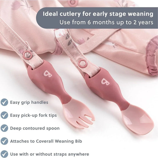 Ensemble de couverts de sevrage Bibado Handi, à attacher, pour enfants de 6 mois et plus (lot de 2) - Rose poudré