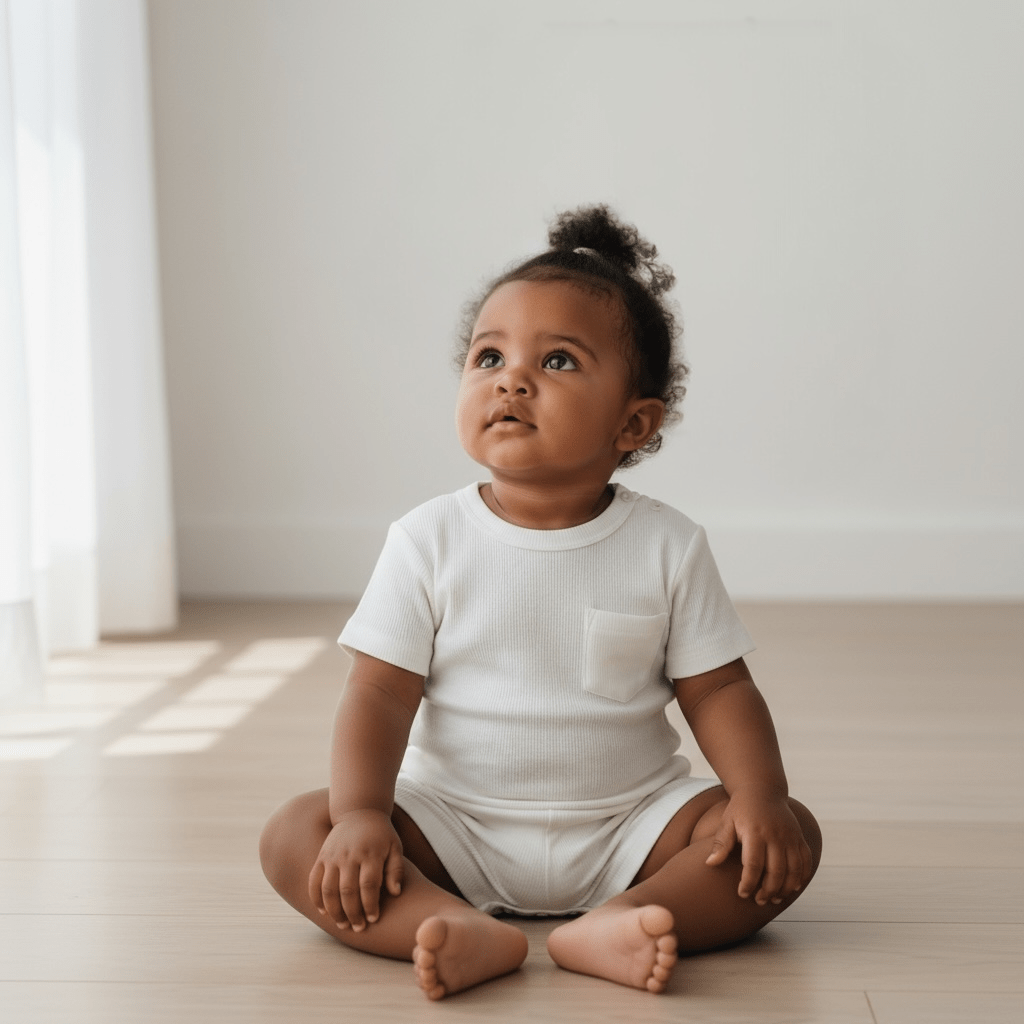 A baby wearing a ribbed baby romper with short sleeves, pocket detail, and popper fastening.