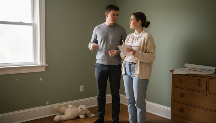 Couple planning nursery layout together