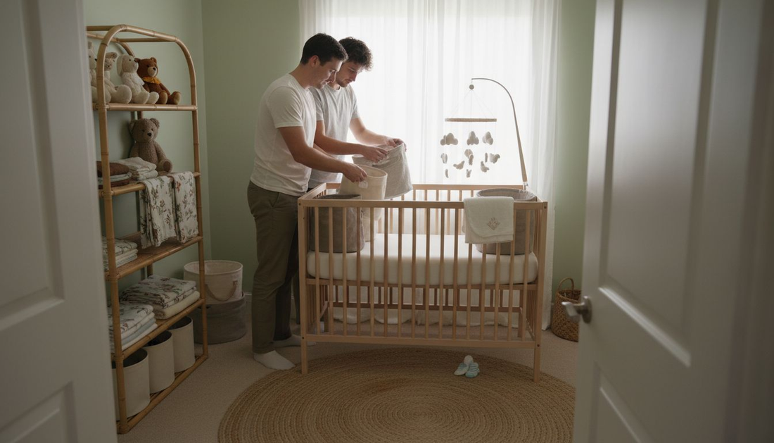 Couple arranging accessories in sunlit nursery