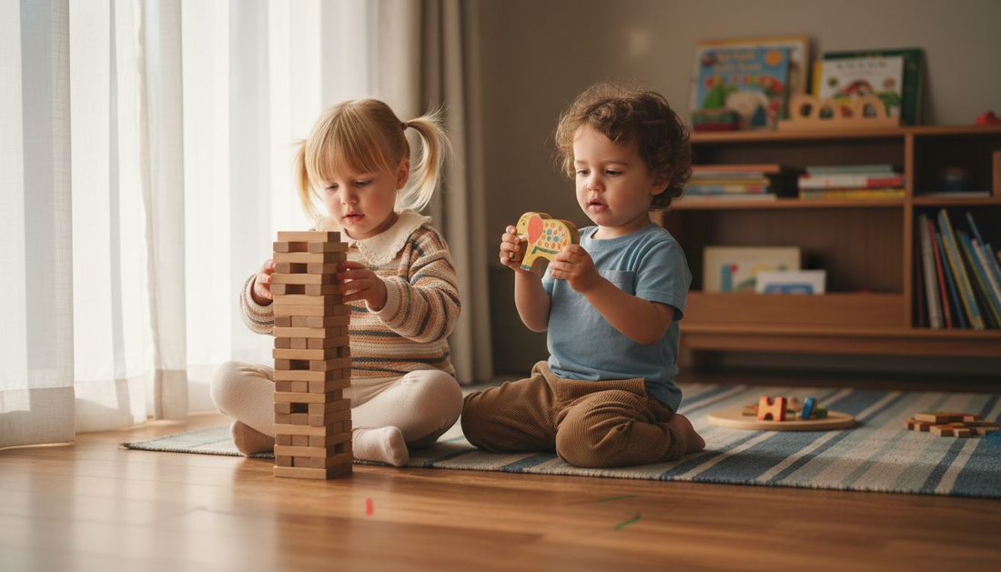 Children playing calmly with wooden toys