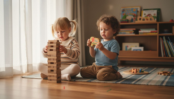 Children playing calmly with wooden toys