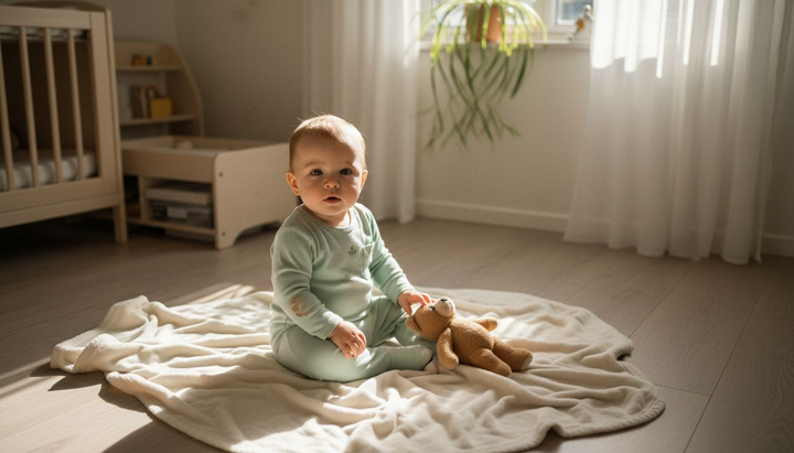 Baby in organic onesie in a sunlit nursery