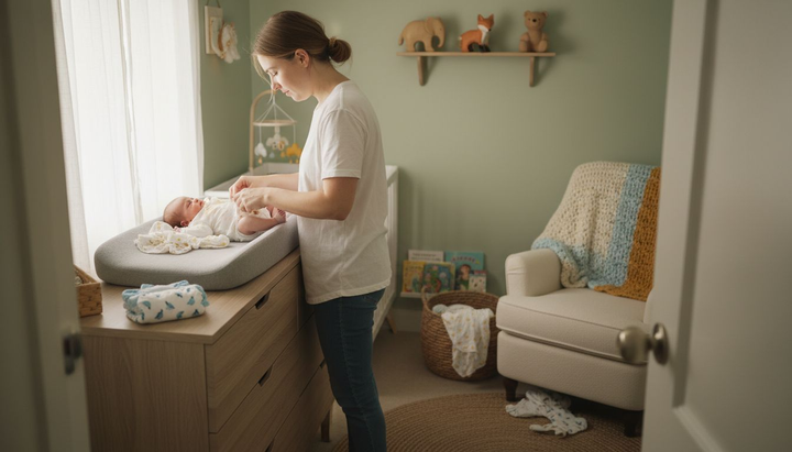 Mother dressing newborn in cozy baby essentials nursery