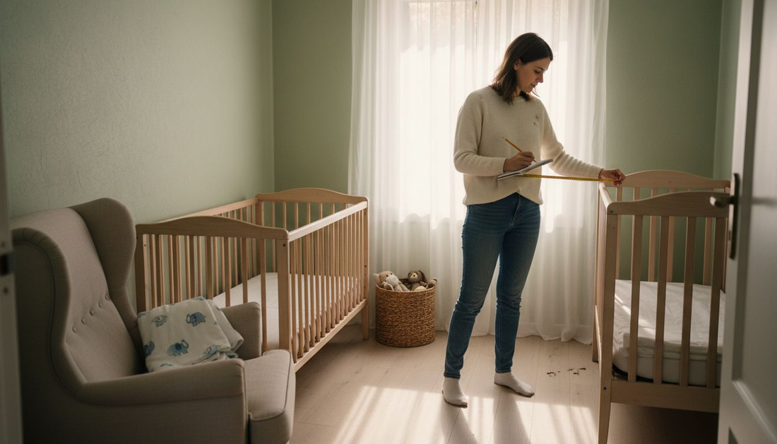 Mother measuring and planning nursery space