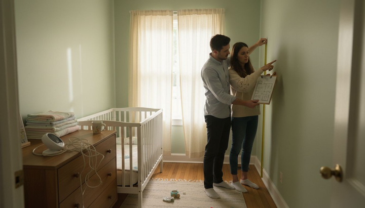 Couple measuring and planning nursery layout