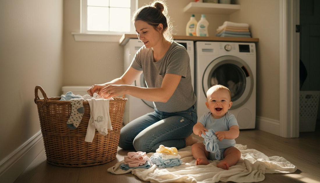 Parent sorts baby clothes near sunlight window
