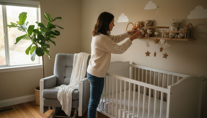 Mother arranging toys in a neutral baby nursery