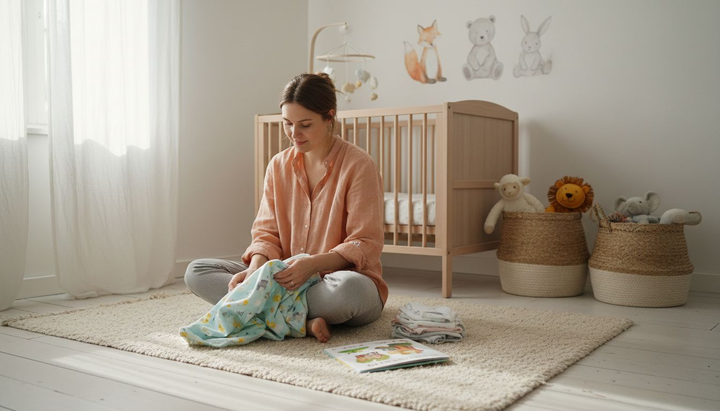 Mother arranges blankets in serene nursery