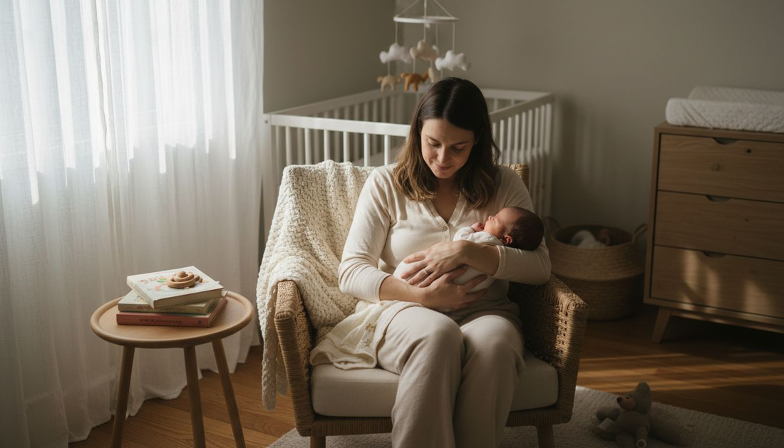 Mother with newborn in sunlit nursery with accessories