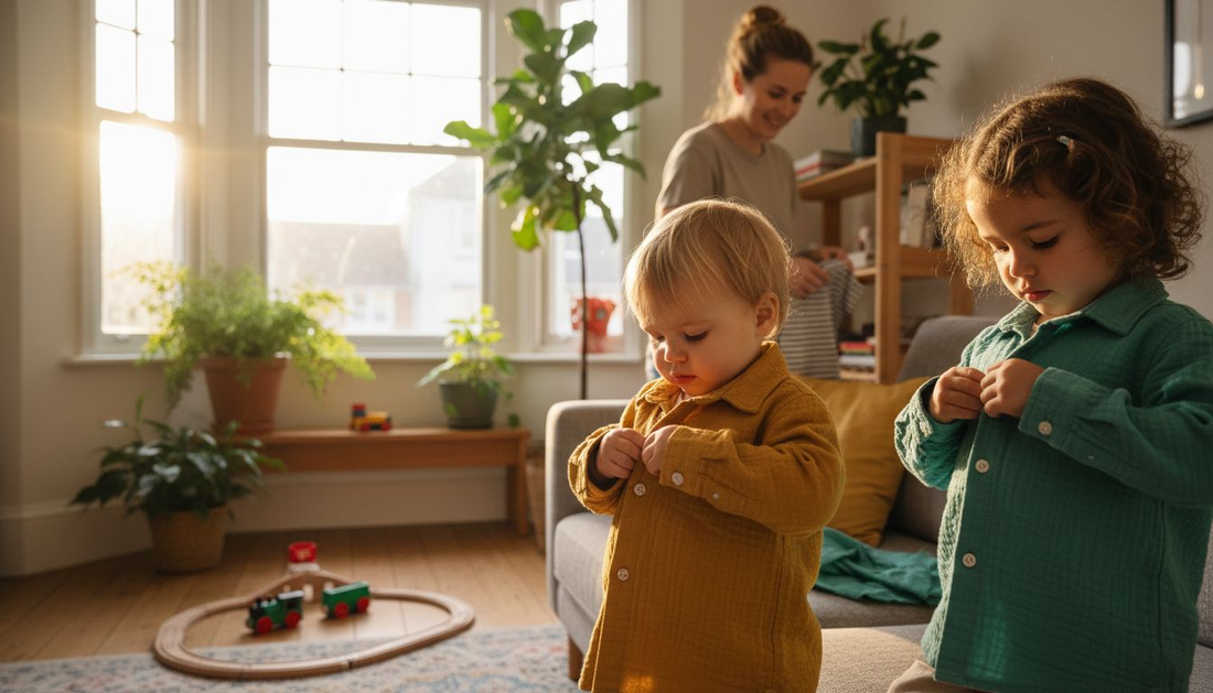 Children trying on organic cotton shirts