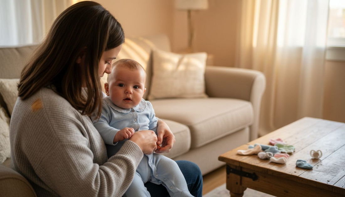 Mother checks baby's outfit in sunny room
