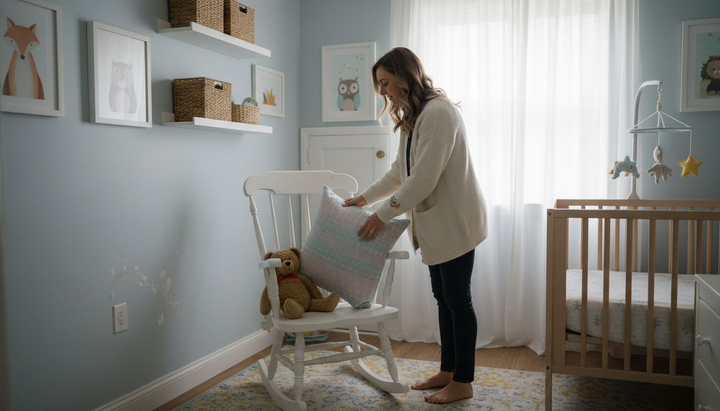 Mother arranging pillow in cozy styled nursery