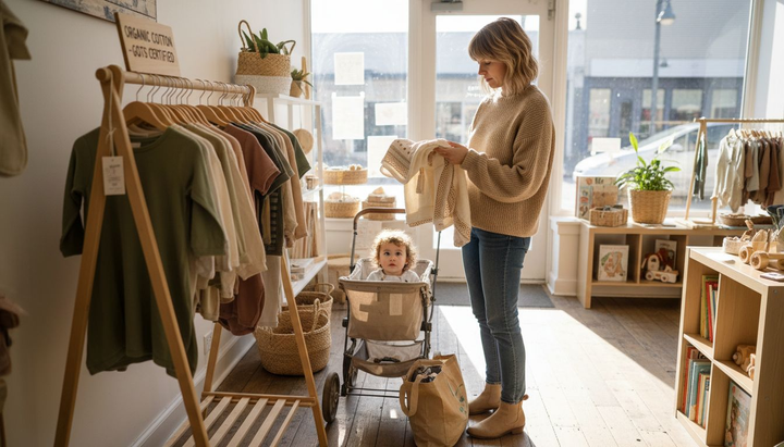 Mother shopping for sustainable baby clothes