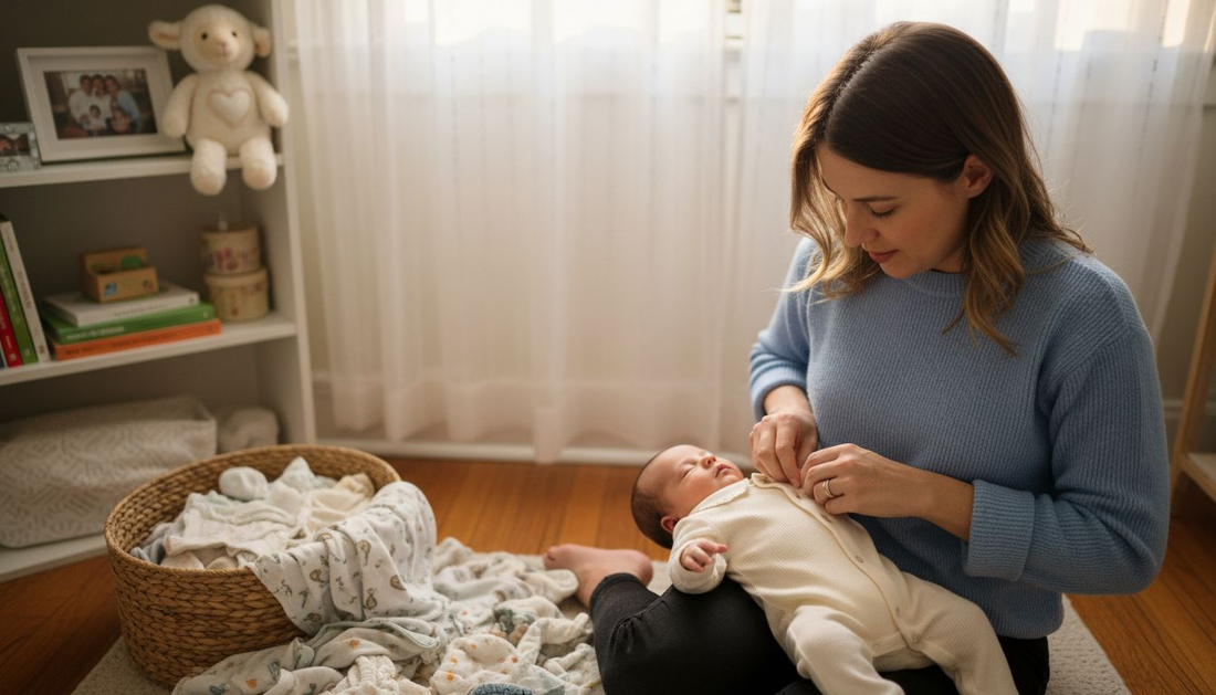 Mother dressing baby in organic nursery