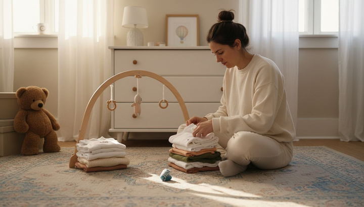 Mother arranging stylish baby clothes in nursery