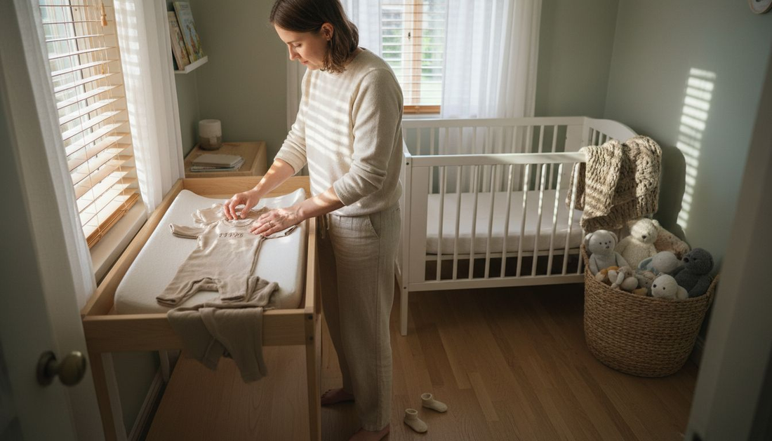 Parent folding sustainable baby clothes in sunlit nursery