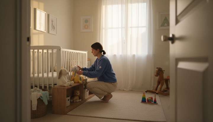 Mother arranging nursery toys beside crib