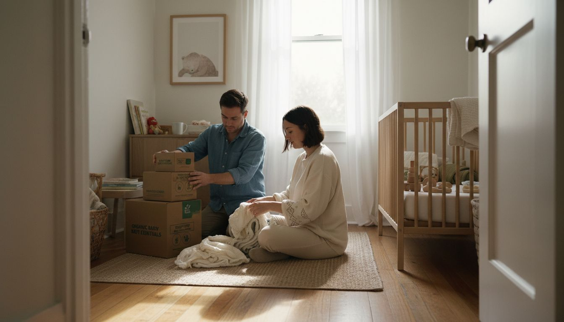 Parents arranging eco-friendly baby products in nursery