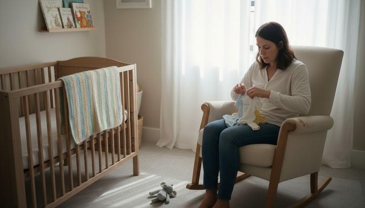 Mother folding clothes in sunlit nursery