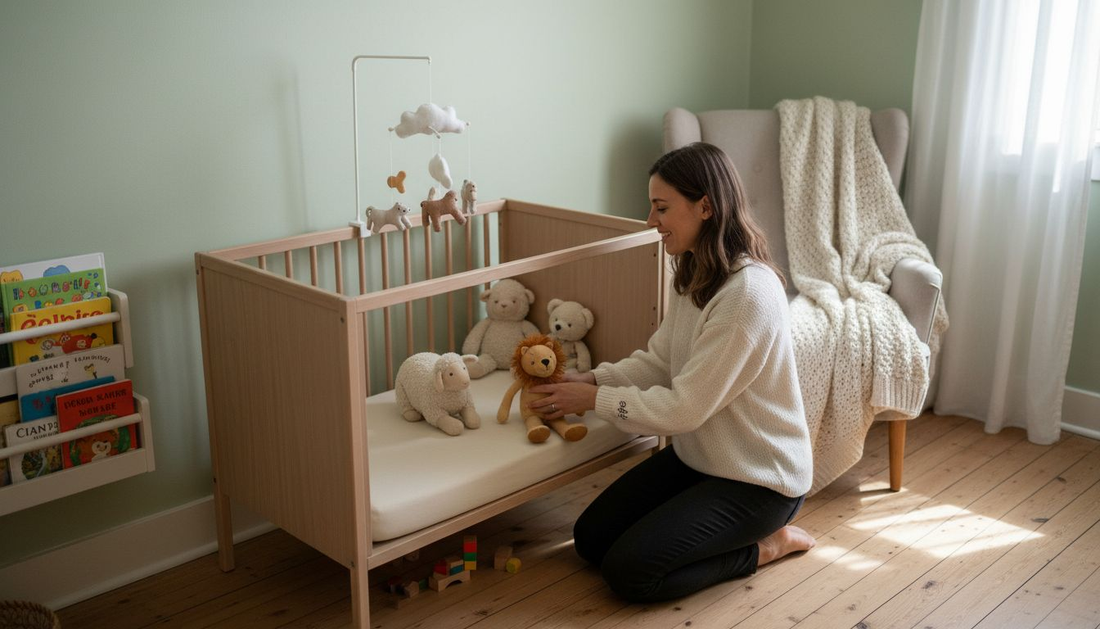 Mother arranging toys in airy nursery
