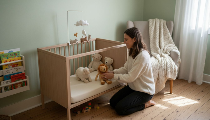 Mother arranging toys in airy nursery