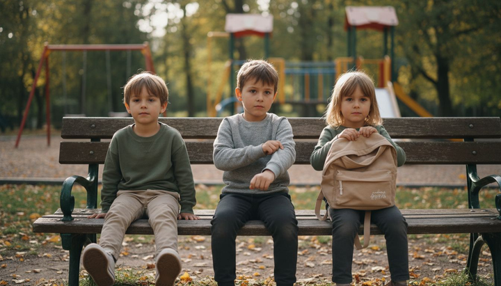 Kids in neutral outfits on park bench