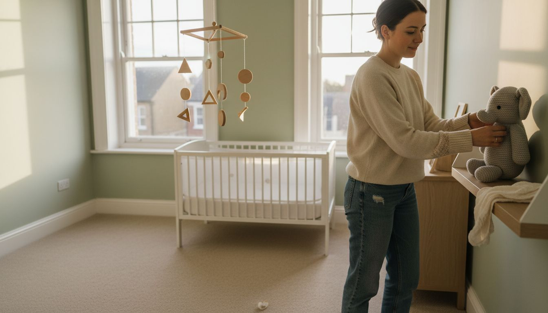 Parent adjusts toys under nursery mobile